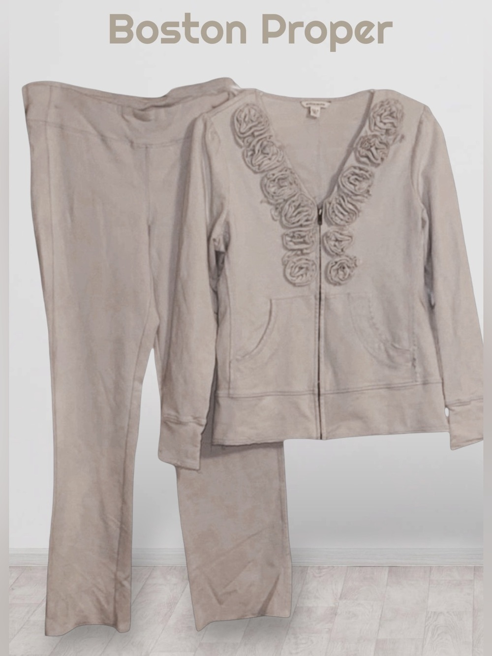 🌺Boston Proper Floral Embellished Gray Jacket and Pants Set